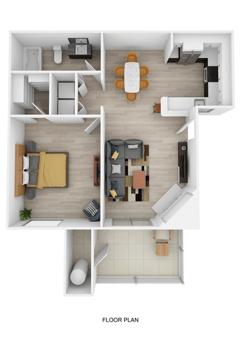 A floor plan of a small apartment with a kitchen, living room, and bathroom.